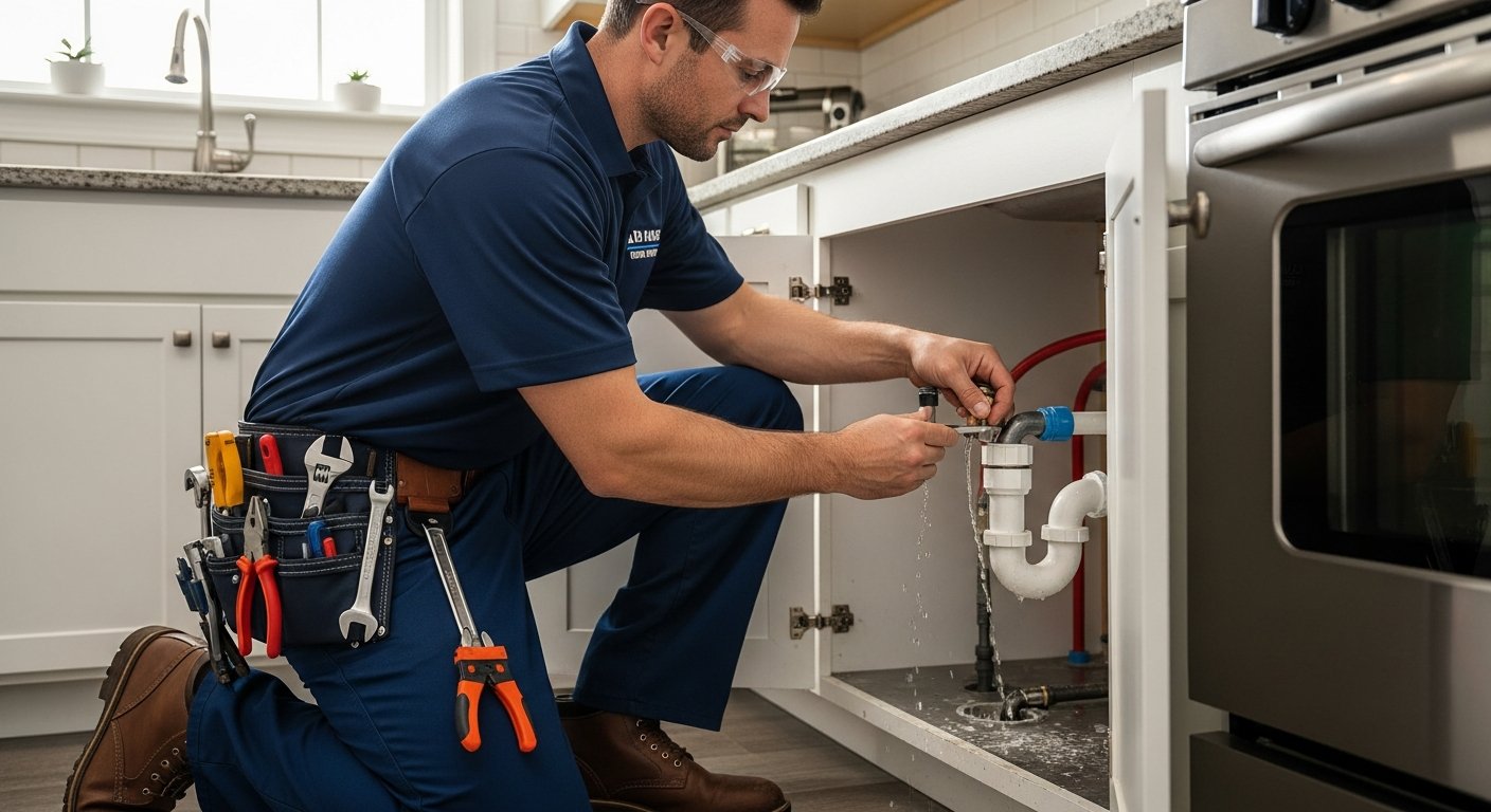 Plumber explaining newly installed pipework to homeowner in a modern Liverpool bathroom